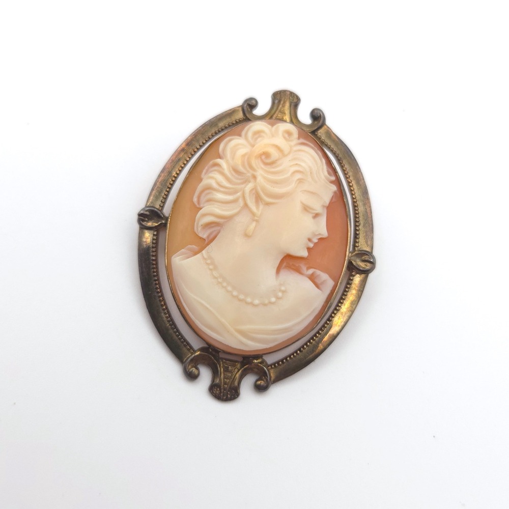 Vintage‎ 12K Gold Filled Hand Carved Shell Cameo Pendant Brooch Pin Ornate Frame